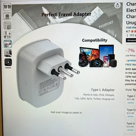 TESSAN Italy travel adapter grounded plug converter NEW - Picture 7 of 8